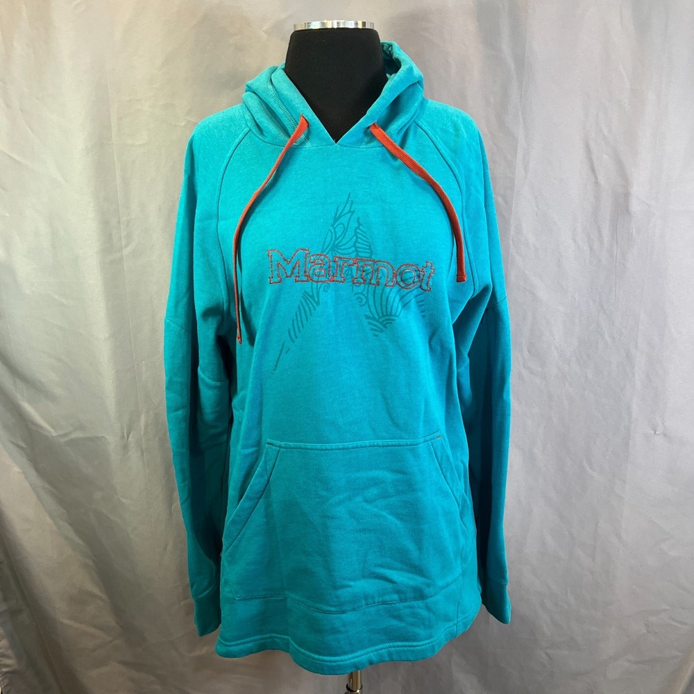 Marmot Hoodie Womens Large Blue Cotton Fleece Lined Embroidered Raglan Sleeve